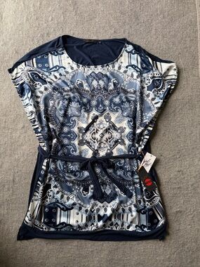 Dex Navy and Cream Paisley Medallion Tie-Hem Blouse